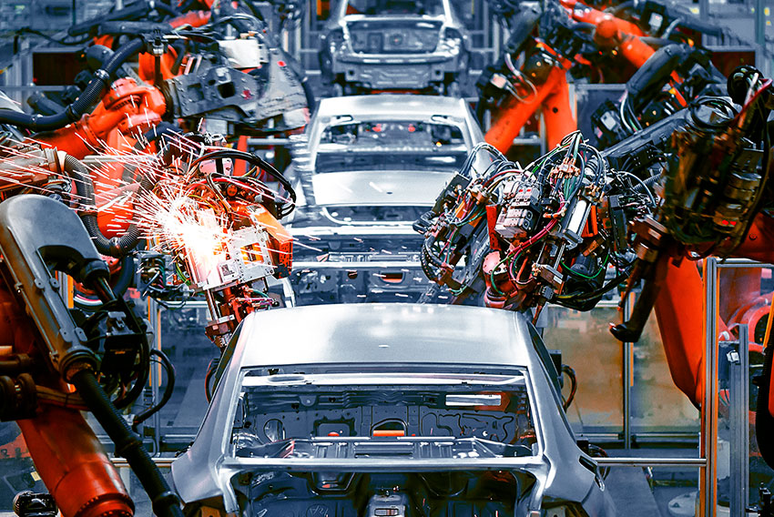 Robotics manufacturing modern cars in an automotive manufacturing plant